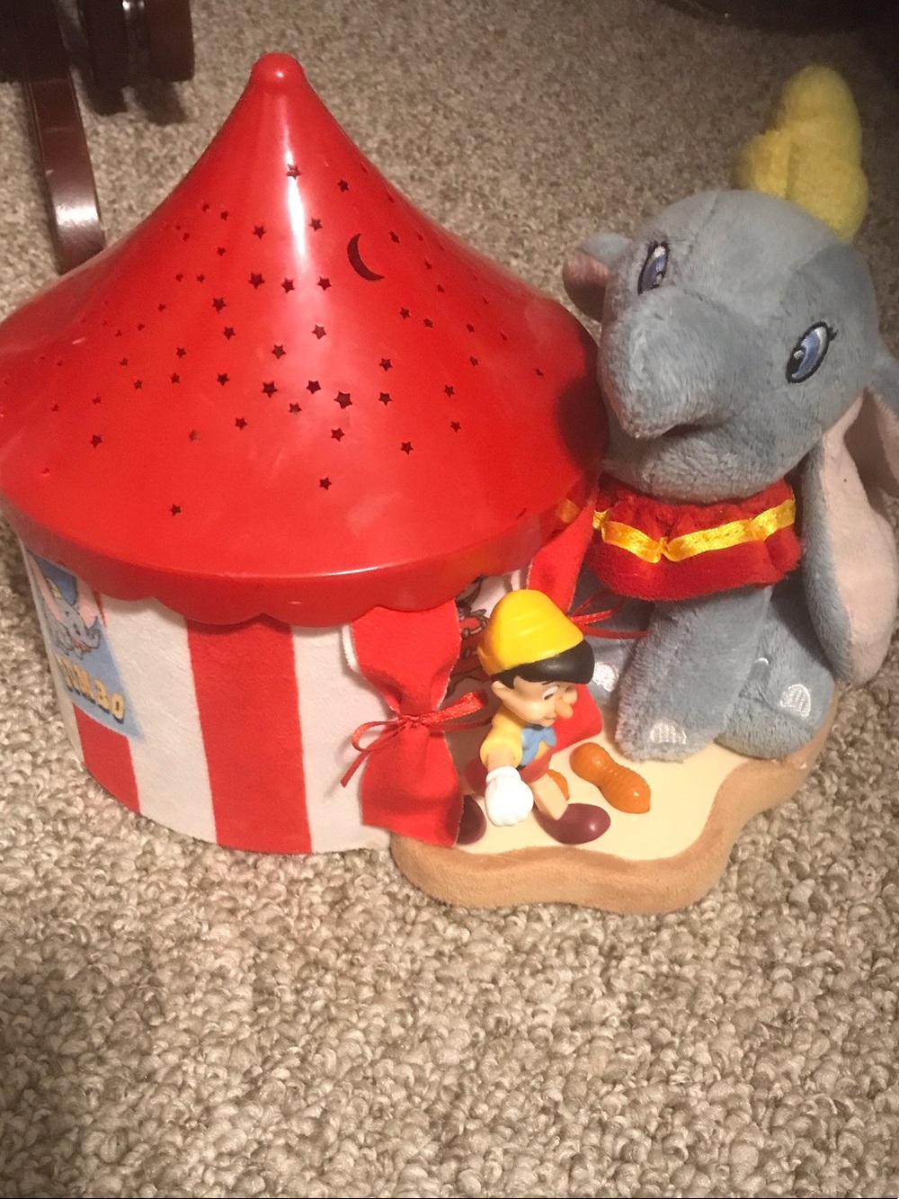 Red and White Circus Music Box with Plush Elephant and Pinocchio Figurine
